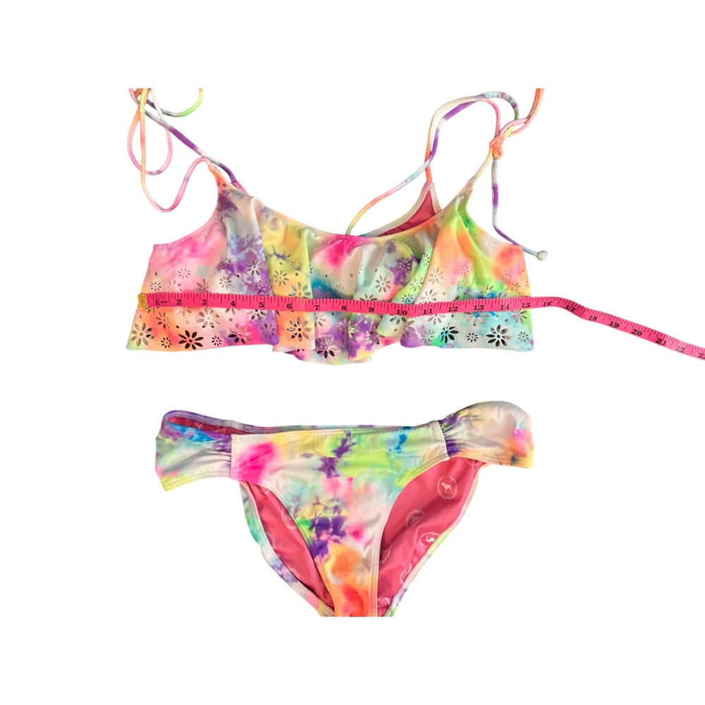 PINK Victoria's Secret Tie Dye Ruffle Eyelet Bikini Set Medium Top Small Bottom